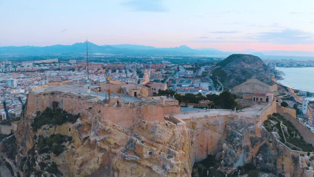 castillo de santa barbara, alicante, Drone Shot. Aerial of the castle in Alicante at sunrise