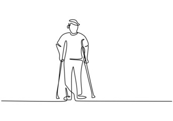 Fototapeta premium One continuous single line of disabled man with walker isolated on white background.