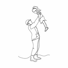Continuous one simple single abstract line drawing of portrait soldier father holding aloft daughter icon in silhouette on a white background. Linear stylized.
