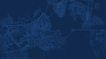 Manama map city poster province, blue horizontal background vector map. Municipality area road map. Widescreen skyline panorama.
