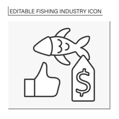  Fish sale line icon. The best fish products on discounts. Fishing industry concept. Isolated vector illustration. Editable stroke