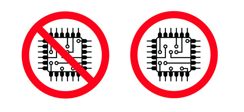 stop CPU con pictogram. Central Processing Unit. No ban vector symbol. Circuit board or electronic motherboard. lines and dots connect. digital tech. cpu, pcb printed circuit.