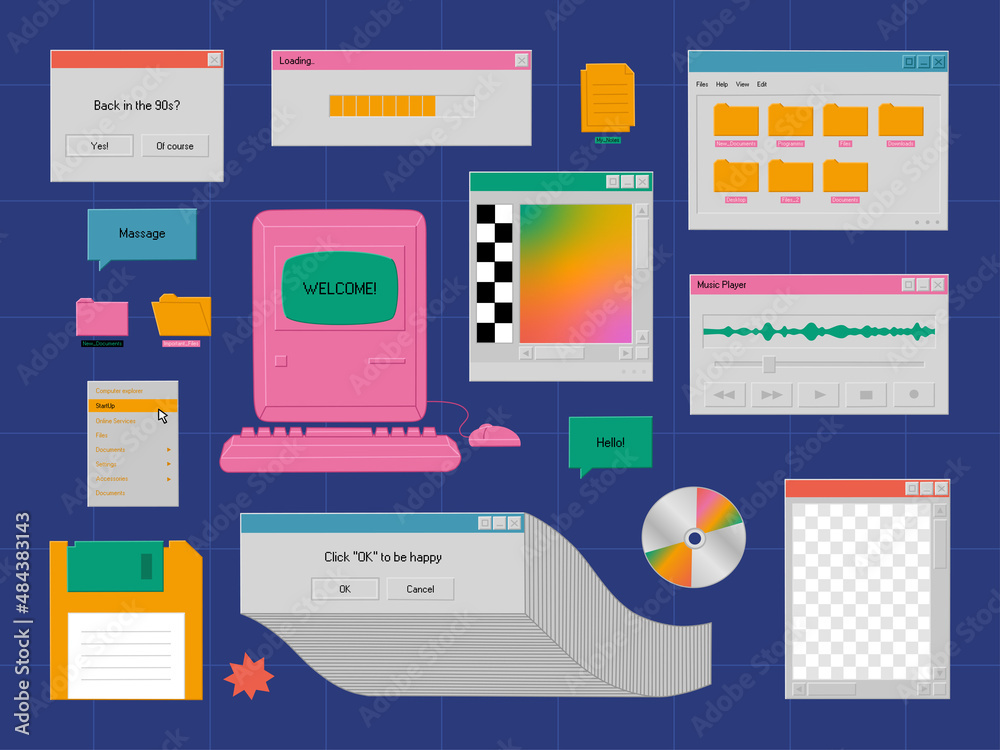 Fototapete set of user interface elements in retro style. tabs, icons, windows. old computer 90s concept. hand 