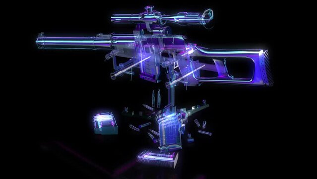 Cyberpunk sky-fi HUD digital weapon. 3d render of a military gun in neon colors. High quality 4k footage. Video 30fps