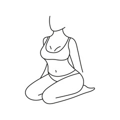 Beautiful woman body silhouette line art, figure girl sit in underwear view back. Beauty standard. Girl is sitting in underwear. Minimalist linear female figure. Vector illustration