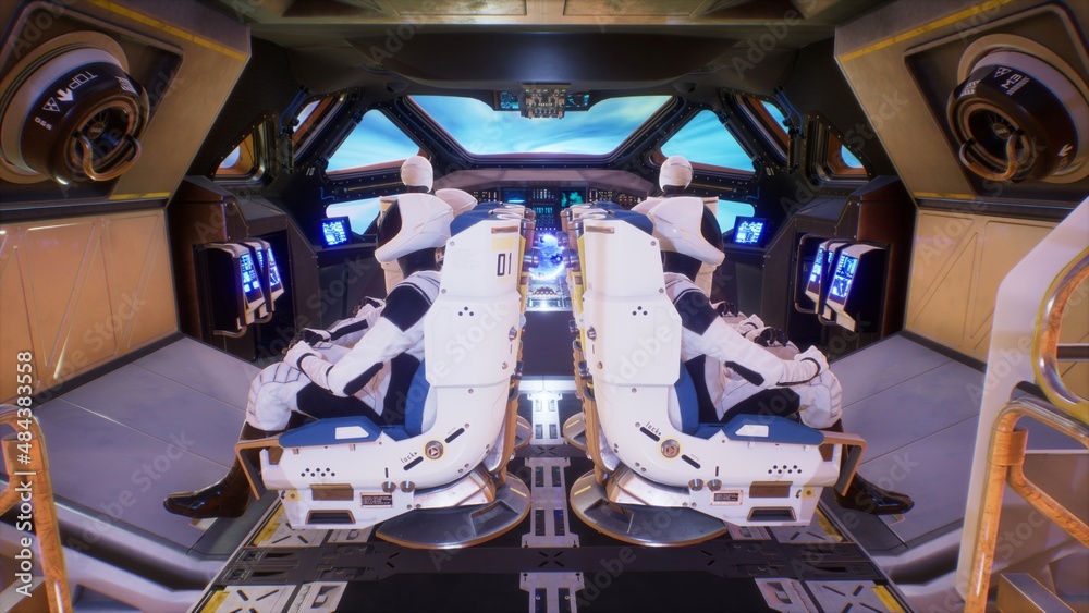 Wall mural astronauts fly their ship through a wormhole in deep space at tremendous speed. the concept of space
