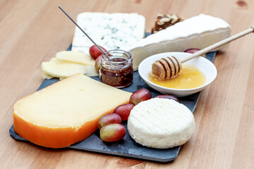 Plate with various french cheeses