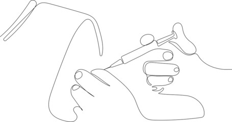 Continuous one line drawing of Medicine doctor and vaccine dose flu shot drug syringe in laboratory, microbiology and pharmaceutical research, medical and healthcare.