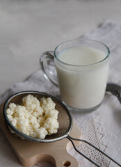 Milk kefir grains in a strainer with a cup of kefir on white table.