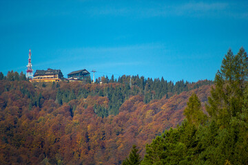 Fototapeta na wymiar Inn building and Top station of Gondola Lift on Jaworzyna Krynicka Mountain in autumn, Poland.