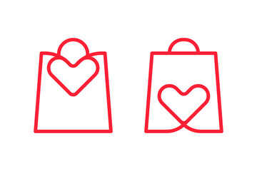 Gift bags in shop with hearts, love sale or medical thanks. Package design. Shopping in store. Vector line