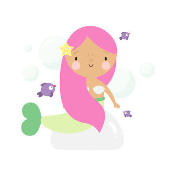 Cute mermaid in cartoon style. For kids stuff, card, posters, banners, books, printing on the pack, printing on clothes, fabric, wallpaper, textile or dishes. Vector illustration.