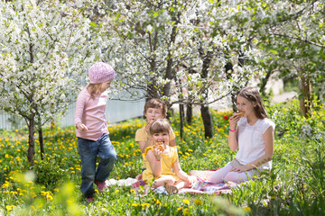 kids friends spend time together in nature. a group of children sit on the grass and having picnic...