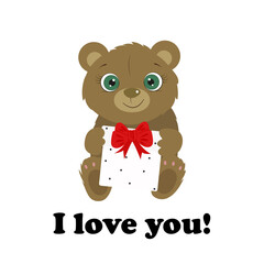 Cute little bear holding prezent with red bow. Red hearts. Birthday card. valentines day. I Love you. Miss you. Vector illustration.