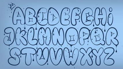 Graffiti alphabet. Bubble graffiti letters outline. Uppercase letters with spray effect and drips on dark background. Graffiti font. Alphabet in readable graffiti style.
