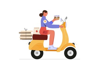 Girl riding scooter in a city. Woman delivers food, pizza and coffee on motorbike. Vector illustration in flat style.
