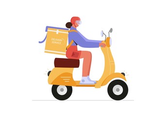 Girl riding scooter in a city. Woman in helmet riding vintage motorbike and delivering food. Vector illustration in flat style.