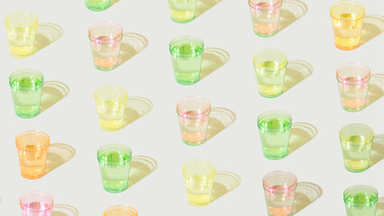 Creative pattern made of pastel colored glasses and shadows on a bright background. Minimal drink concept.
