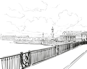 Russia. Saint Petersburg. Rostral column on the Vasilevsky island  hand drawn sketch. City vector illustration