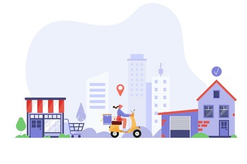 Girl riding a scooter in a city delivering online order and food. Infographic about delivery chain from store to home. Flat vector illustration