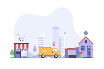 Online order concept, truck delivering order or cargo from store to home. Flat vector illustration, infographic, cityscape