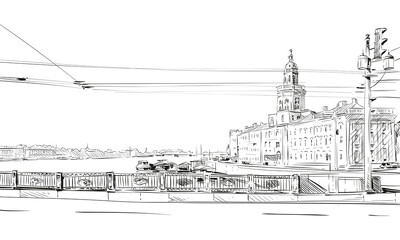 Russia. Saint Petersburg. Vasilevsky island  hand drawn sketch. City vector illustration