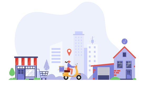 Girl Riding A Scooter In A City Delivering Online Order And Food. Infographic About Delivery Chain From Store To Home. Flat Vector Illustration