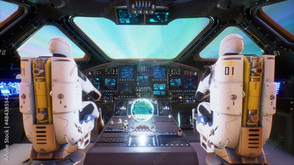 Wall mural astronauts fly their ship through a wormhole in deep space at tremendous speed. the concept of space