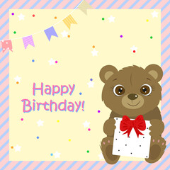 Birthday card. Cute bear holding prezent with bow. I love you. Kids card. Pastel colors. Vector illustration