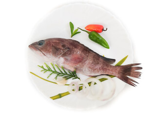 Rooster hind grouper or Pink Grouper decorated on a white plate.Selective focus.