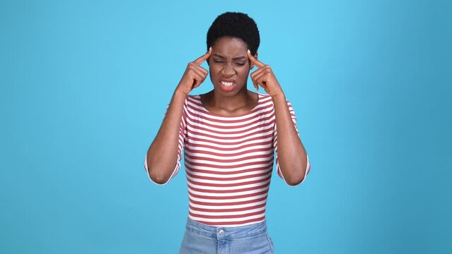 Trans lady suffer temples hurt fever flu isolated blue color background 