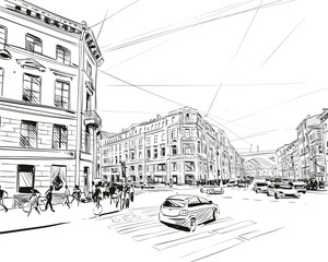 Russia. Saint Petersburg. Unusual perspective hand drawn sketch. City vector illustration