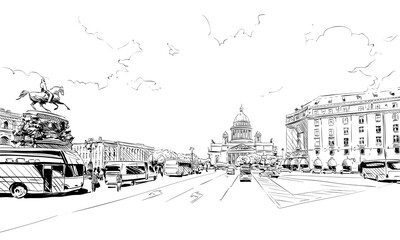 Russia. Saint Petersburg. Saint Isaac's Cathedral. Equestrian monument to Nicholas I hand drawn sketch. City vector illustration
