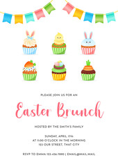 Easter Brunch invitation. Cartoon illustration of cupcakes and bunting flags. Vector 10 EPS.