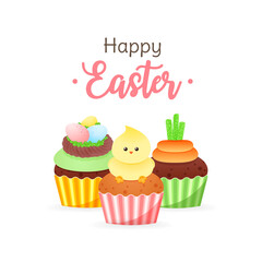 Cute Happy Easter greeting card. Bright cartoon illustration of cupcakes decorated with eggs in the nest, little bird and carrot. Vector 10 EPS.