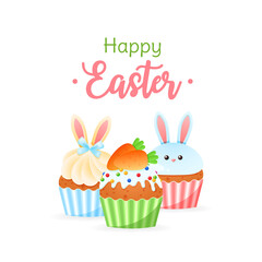 Cute Happy Easter greeting card. Bright cartoon illustration of cupcakes decorated with bunny ears, carrots and colorful sprinkles. Vector 10 EPS.