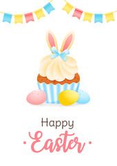 Fototapeta premium Cute Happy Easter greeting card. Gentle cartoon illustration of cupcake decorated with bunny ears, colorful eggs and bunting flags. Vector 10 EPS. 