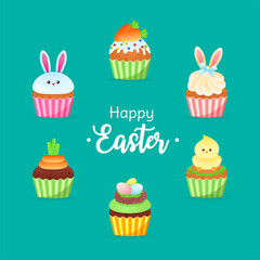 Cute Happy Easter greeting card. Collection of cartoon illustrations of cupcakes decorated with glaze, birds, bunny ears, eggs, marzipan carrots and colorful sprinkles. Vector 10 EPS.