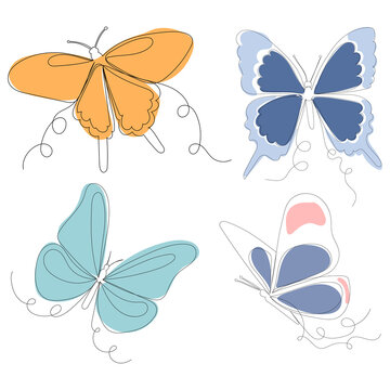 butterflies one line drawing, outline, vector, isolated