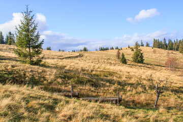 Autumn mountain landscape.  Beautiful panorama taken in  Beskidy mountains on the way to Jalowiec during on a beautiful sunny fall day. Beskidy Mountains, Silesia, Poland  