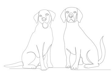 dogs sitting one line drawing, outline, vector, isolated