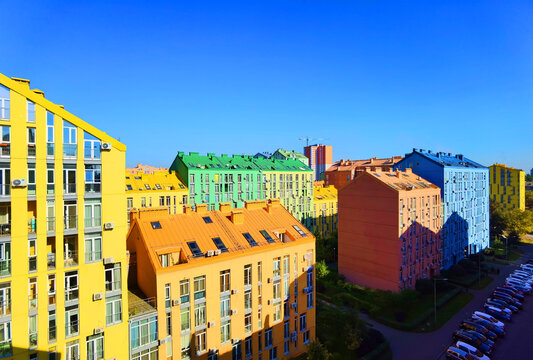 Street with colorful houses and beautiful exterior design in Kyiv, Ukraine. Aerial. Comfort town
