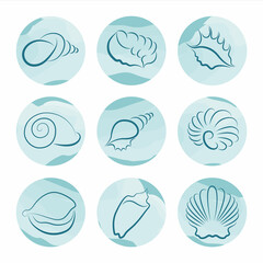 blue seashells sea story highlights cover icons. Set highlights for social networks circles design. Round highlight backgrounds for social media stories. Soft brush stroke.