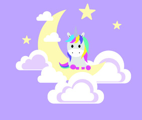 the unicorn sits on the moon in the clouds. sitting unicorn on the background of clouds. vector illustration, eps 10.