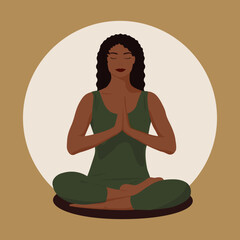 black woman meditates in lotus pose. Concept illustration for  meditation, yoga, relax, recreation, healthy lifestyle. Vector illustration in faceless style.