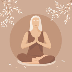 white woman meditates in lotus pose. Concept illustration for  meditation, yoga, relax, recreation, healthy lifestyle. Vector illustration in faceless style.
