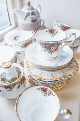 Fine afternoon English bone china afternoon tea cups and saucers.