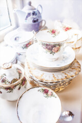 Fine afternoon English bone china afternoon tea cups and saucers.