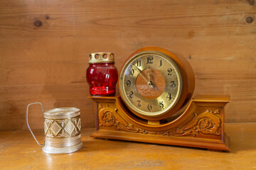 Vintage mechanical wooden clock in the closet