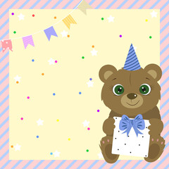 Birthday card for baby girl and boy. Cute bear holding prezent. I love you. Kids card. Pastel colors. Vector illustration